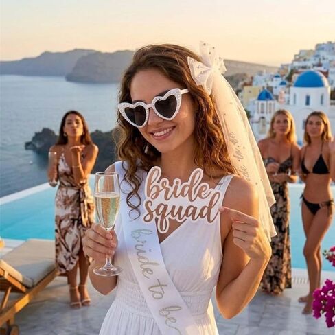 إكسسوارات حفلات توديع العزوبية للعروس، 3 قطع من ديكورات حفلات الزفاف مع وشاح العروس، ونظارات شمسية على شكل قلب وحجاب فيونكة لؤلؤية لحفلات توديع العزوبية وحفلات الزفاف وحفلات الزفاف in Kuwait