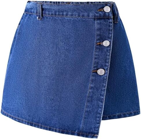 Nivne Tco Tween Girls Asymmetrical Denim Skorts with Elastic Waistband, 3-Button Front & Back Pockets, Stretch Jean Shorts in Kuwait