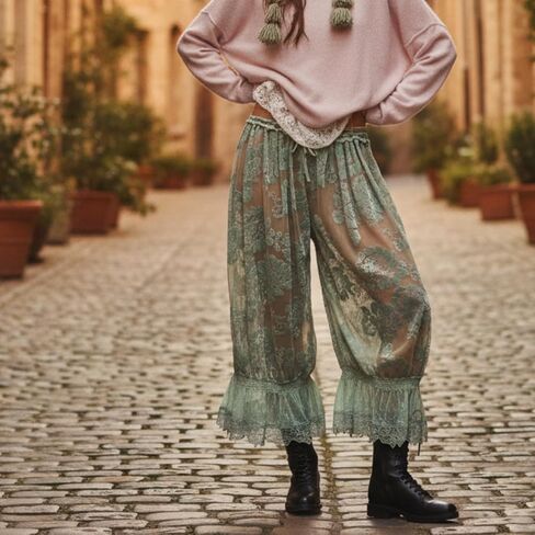 Women Lace Trim Long Bloomers Mid Rise Ruffle Going Out Cropped Pant Flared Pantaloons Elastic Waist Pajama Bottoms in Saudi Arabia