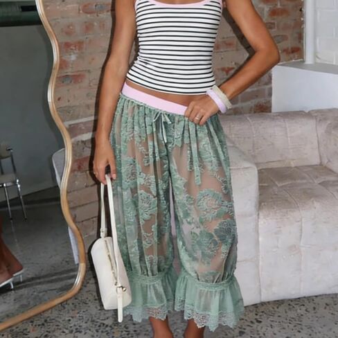 Women Lace Trim Long Bloomers Mid Rise Ruffle Going Out Cropped Pant Flared Pantaloons Elastic Waist Pajama Bottoms in Saudi Arabia