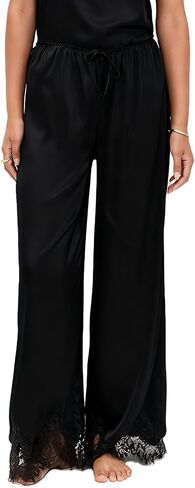 Women Satin Silk Lace Trim Pants Elastic Waist Y2k Wide Leg Lounge Pajama Bottoms Causal Going Out Trousers in Saudi Arabia