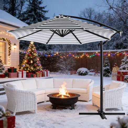 10ft Offset Hanging Market Patio Umbrella w/Cross Base, Outdoor Large Round Aluminum Cantilever Umbrella w/Easy Tilt Adjustment, Fade Resistant Waterproof 8 Ribs Canopy, for Yard, Garden & Dec in Saudi Arabia