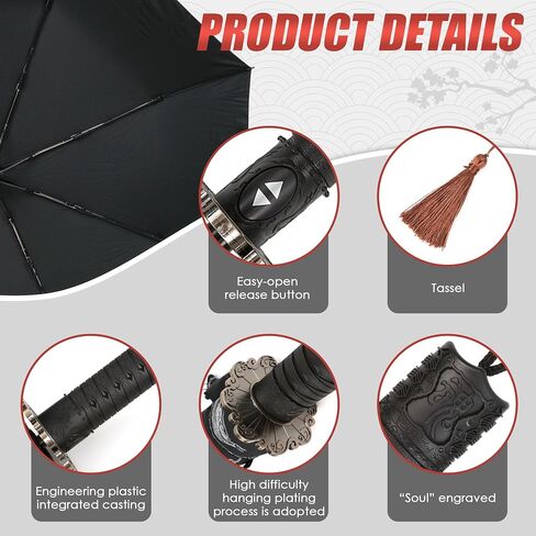 Samurai Sword Katana Umbrella with Japanese Style Handle, Full-Automatic Rust-Proof and Wind Resistance, Rain & Sun Strong Protection, Portable Cosplay Umbrella for Men Women Adults, Decoration Gift in Kuwait