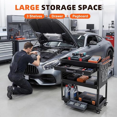 Rolling Tool Cart for Mechanics, 3-Tier Detailing Cart with Wheels, Side Hooks & Handle, Metal Heavy Duty Utility Cart for Warehouse, Garage, Repair Shop & Workshop, 330 lbs Capacity in Saudi Arabia