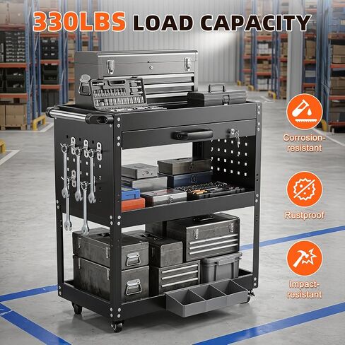 Rolling Tool Cart for Mechanics, 3-Tier Detailing Cart with Wheels, Side Hooks & Handle, Metal Heavy Duty Utility Cart for Warehouse, Garage, Repair Shop & Workshop, 330 lbs Capacity in Saudi Arabia