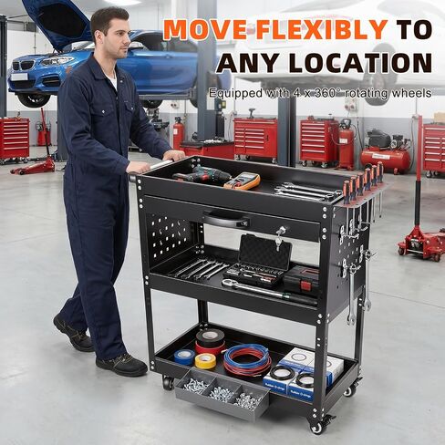 Rolling Tool Cart for Mechanics, 3-Tier Detailing Cart with Wheels, Side Hooks & Handle, Metal Heavy Duty Utility Cart for Warehouse, Garage, Repair Shop & Workshop, 330 lbs Capacity in Saudi Arabia