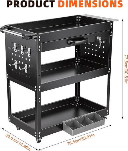 Rolling Tool Cart for Mechanics, 3-Tier Detailing Cart with Wheels, Side Hooks & Handle, Metal Heavy Duty Utility Cart for Warehouse, Garage, Repair Shop & Workshop, 330 lbs Capacity in Saudi Arabia