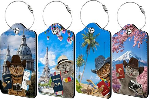 Luggage Tags for Suitcases, 4 Pcs Luggage Tags with Privacy Cover and Durable Metal Ring for Travel, Name Address Tags for Men Women Kids Suitcase and Backpack (Funny Cat and Passport) in Saudi Arabia
