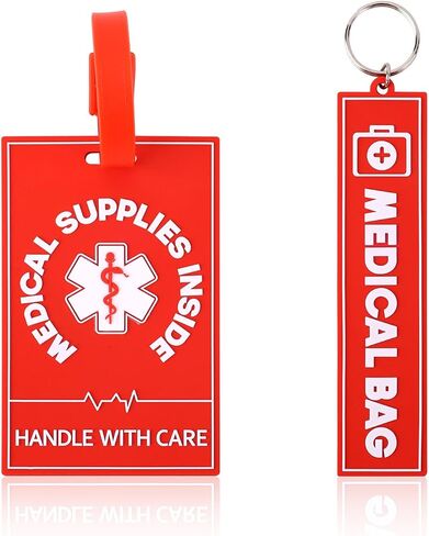 2pcs Medical Alert Tags for Bag, 2 Styles Medical Device Luggage Tag with Straps Information Cards & Key Ring for Professional Equipment Travel Suitcases Backpack in Kuwait