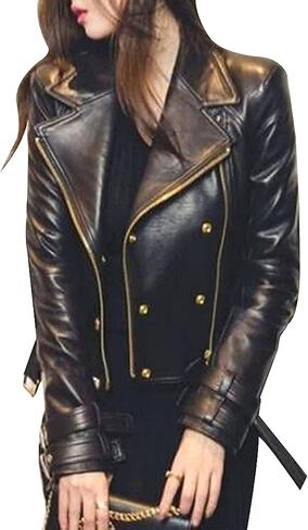 Women’s Brando Biker Genuine Black Leather Jacket - Real Lambskin Gold Buttons Motorcycle Jacket for Women in Saudi Arabia