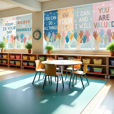 6 Pcs Boho Classroom Curtains Colorful Hand Print Curtains Boho Inspirational Curtains for Back to School Classroom Kindergarten Playroom Primary Daycare Bedroom Living Room (36" X 24") in Saudi Arabia