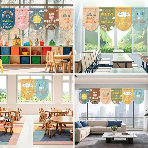 8 Pcs Boho Classroom Curtains with Inspirational Words Back to School Rainbow Colorful Window Decor, 36" x 24" Curtains Decorations for Kindergarten, Playroom, Bedroom ﻿ in Saudi Arabia