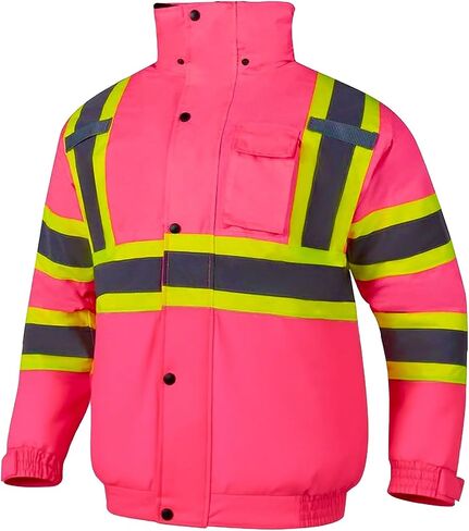 Hi Vis Safety Jacket for Women Winter ANSI Waterproof Pink Reflective Rain Bomber with Hood & Pockets in Kuwait