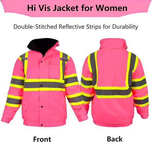 Hi Vis Safety Jacket for Women Winter ANSI Waterproof Pink Reflective Rain Bomber with Hood & Pockets in Kuwait