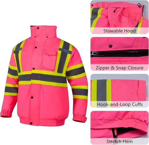 Hi Vis Safety Jacket for Women Winter ANSI Waterproof Pink Reflective Rain Bomber with Hood & Pockets in Kuwait