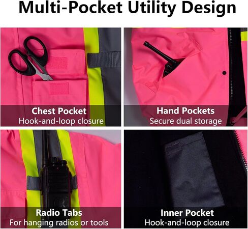 Hi Vis Safety Jacket for Women Winter ANSI Waterproof Pink Reflective Rain Bomber with Hood & Pockets in Kuwait
