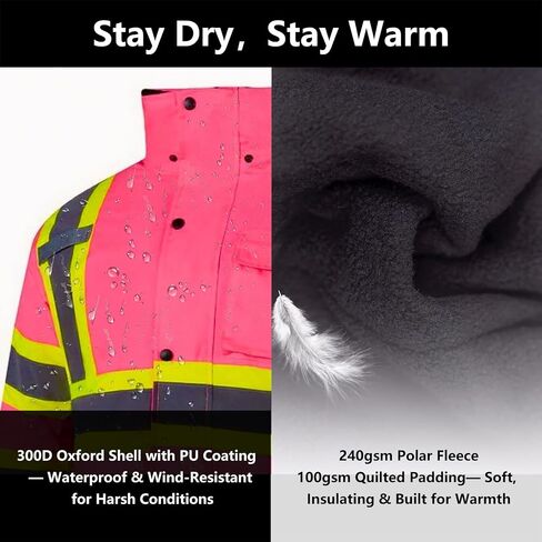 Hi Vis Safety Jacket for Women Winter ANSI Waterproof Pink Reflective Rain Bomber with Hood & Pockets in Kuwait