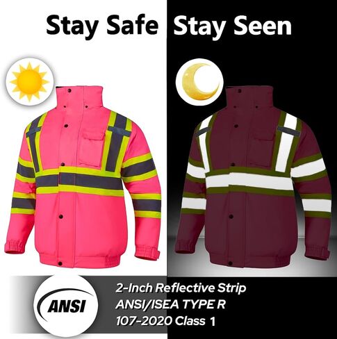 Hi Vis Safety Jacket for Women Winter ANSI Waterproof Pink Reflective Rain Bomber with Hood & Pockets in Kuwait