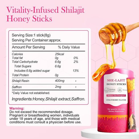 Shilajit Honey Sticks for Women, Tasty Strawberry Honeysticks, with Shatavari & Saffron for hormonal Balance & Energy, 75%+ Fulvic Acid, 85+ Trace Minerals Wellness Booster, 30 Sticks in Kuwait