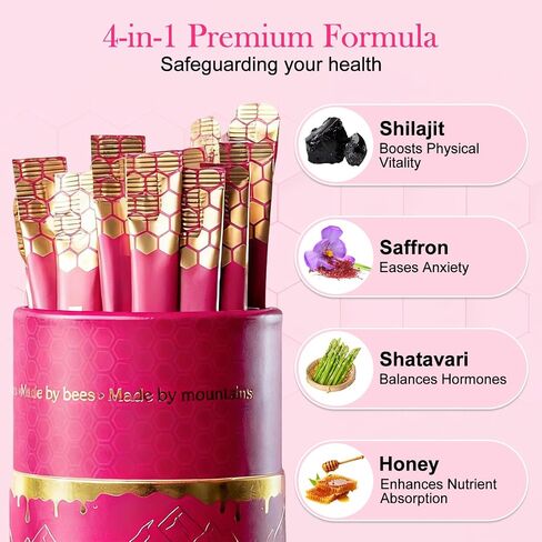 Shilajit Honey Sticks for Women, Tasty Strawberry Honeysticks, with Shatavari & Saffron for hormonal Balance & Energy, 75%+ Fulvic Acid, 85+ Trace Minerals Wellness Booster, 30 Sticks in Kuwait