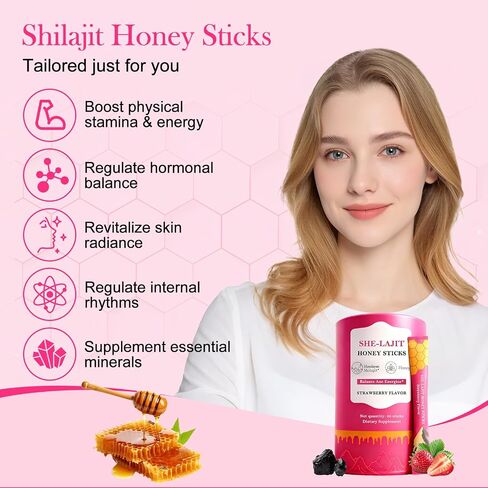 Shilajit Honey Sticks for Women, Tasty Strawberry Honeysticks, with Shatavari & Saffron for hormonal Balance & Energy, 75%+ Fulvic Acid, 85+ Trace Minerals Wellness Booster, 30 Sticks in Kuwait