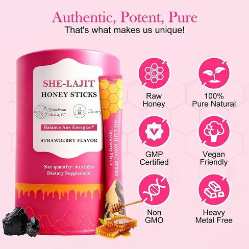 Shilajit Honey Sticks for Women, Tasty Strawberry Honeysticks, with Shatavari & Saffron for hormonal Balance & Energy, 75%+ Fulvic Acid, 85+ Trace Minerals Wellness Booster, 30 Sticks in Kuwait