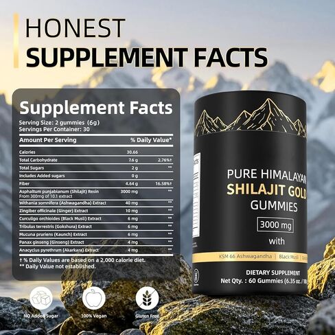 3000mg Himalayan Shilajit Gummies Gold for Men & Women - Organic & Natural with 85+ Essential Minerals & Fulvic Acid - Non-GMO - 100% Natural & Organic (1 Bottle/60 Gummy) in Saudi Arabia