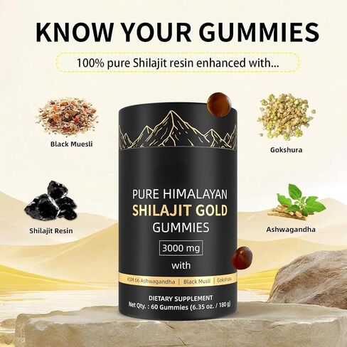 3000mg Himalayan Shilajit Gummies Gold for Men & Women - Organic & Natural with 85+ Essential Minerals & Fulvic Acid - Non-GMO - 100% Natural & Organic (1 Bottle/60 Gummy) in Saudi Arabia