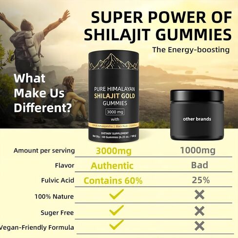3000mg Himalayan Shilajit Gummies Gold for Men & Women - Organic & Natural with 85+ Essential Minerals & Fulvic Acid - Non-GMO - 100% Natural & Organic (1 Bottle/60 Gummy) in Saudi Arabia
