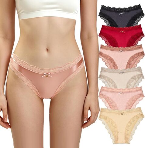 Women's Underwear Bikini Panties Satin Lace Trim Soft Breathable Sexy Cute Brief Panties for Ladies 6PCS in Saudi Arabia