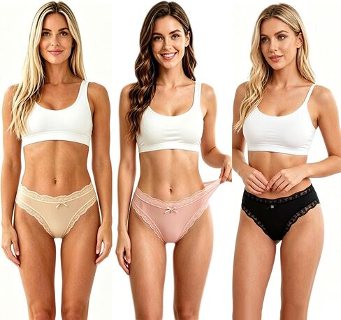 Women's Underwear Bikini Panties Satin Lace Trim Soft Breathable Sexy Cute Brief Panties for Ladies 6PCS in Saudi Arabia