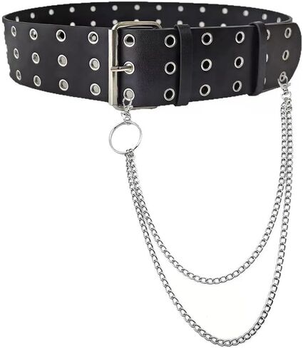 Punk Rock Metal Wide Black Double Grommet Studded Belt with Detachable Chain for Men Women Jeans Pants in Saudi Arabia