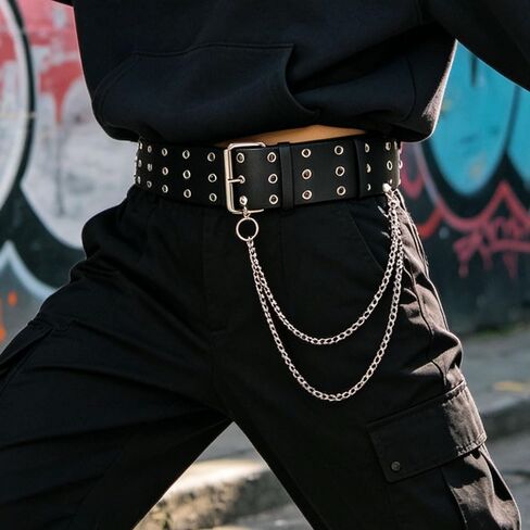 Punk Rock Metal Wide Black Double Grommet Studded Belt with Detachable Chain for Men Women Jeans Pants in Saudi Arabia