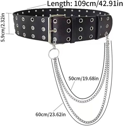 Punk Rock Metal Wide Black Double Grommet Studded Belt with Detachable Chain for Men Women Jeans Pants in Saudi Arabia