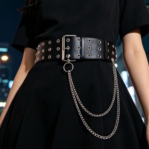 Punk Rock Metal Wide Black Double Grommet Studded Belt with Detachable Chain for Men Women Jeans Pants in Saudi Arabia