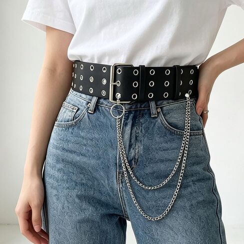 Punk Rock Metal Wide Black Double Grommet Studded Belt with Detachable Chain for Men Women Jeans Pants in Saudi Arabia