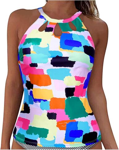 Tankini Tops for Women Swimwear Built-in Bra Support Removable Tummy Control Tank Top Cutout Front High Neck Swim Top in Saudi Arabia