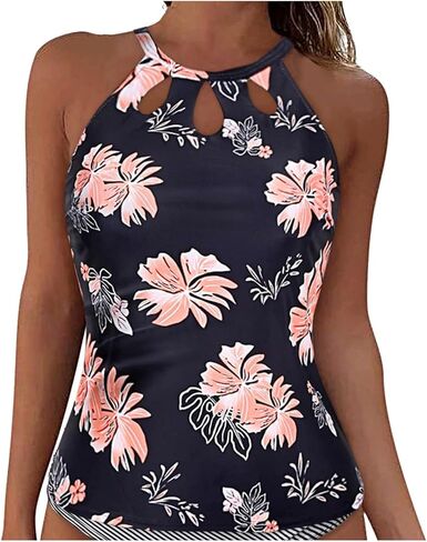 Tankini Tops for Women Swimwear Built-in Bra Support Removable Tummy Control Tank Top Cutout Front High Neck Swim Top in Saudi Arabia