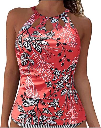 Tankini Tops for Women Swimwear Built-in Bra Support Removable Tummy Control Tank Top Cutout Front High Neck Swim Top in Saudi Arabia