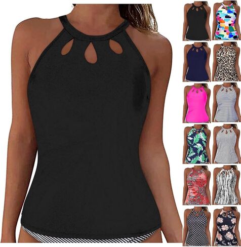 Tankini Tops for Women Swimwear Built-in Bra Support Removable Tummy Control Tank Top Cutout Front High Neck Swim Top in Saudi Arabia