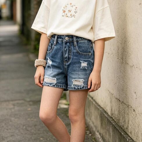 Girls Distressed Shorts Jeans Baggy Trousers with Pockets Denim Pants Cute Girls Clothing Y2K Streetwear in Saudi Arabia