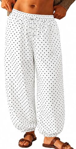 Womens Polka Dot Balloon Pants Elastic Waist Baggy Harem Pants Wide Leg Drawstring Comfy Trousers with Pockets in Saudi Arabia