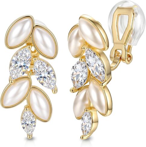 CASSIECA Pearl Clip on Earrings for Women Comfortable 14K Gold Plated Cubic Zirconia Pearl Drop Dangle Earrings Lightweight Non Pierced Ear Clips Jewelry Gift for Wedding Bridal in Kuwait