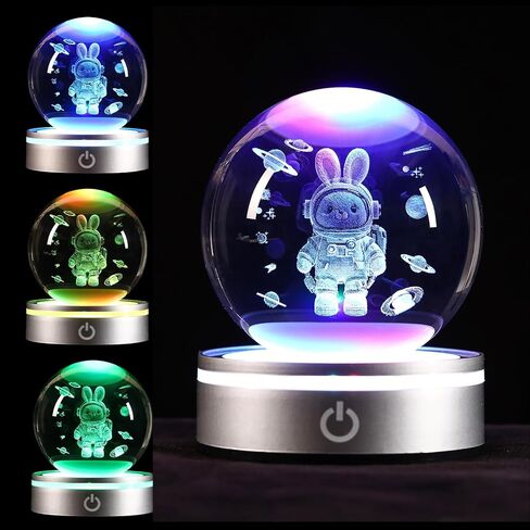 Easter Bunny Lamp, 3.15 Inch K9 Crystal Ball Space 3D Astronaut Rabbit Night Light with Wooden Base, 8 Color Changing LED Night Light, Perfect Birthday Christmas Gift for Home Office Decoration in Saudi Arabia