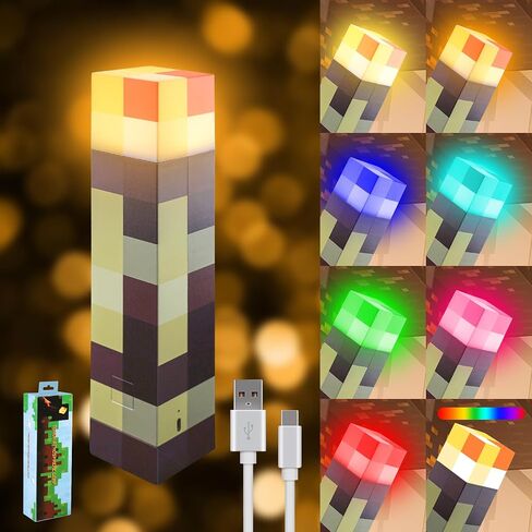 Pixelated Wall Torch Light for Boys - 7 Colors Rechargeable Brownstone Torches Lamp Color Changing for Kids Room Desk Decor - Led Pixel Night Lights Switch & Remote for Boy Teen Bedroom Gamer Gift in Kuwait