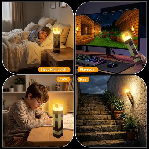 Pixelated Wall Torch Light for Boys - 7 Colors Rechargeable Brownstone Torches Lamp Color Changing for Kids Room Desk Decor - Led Pixel Night Lights Switch & Remote for Boy Teen Bedroom Gamer Gift in Kuwait