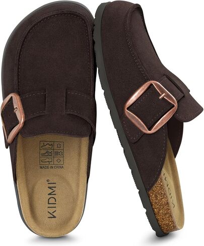 KIDMI Genuine Suede Clogs for Women Cork Footbed Leather Mules Slip On with Comfort Memory Foam and Adjustable Buckle in Kuwait