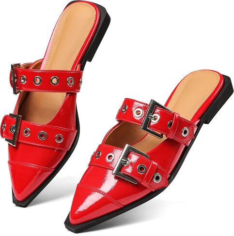 Buckle Flats for Women Pointy Toe Wide Welt Buckled Mules Low Block Heel Slippers Mary Jane Shoes Comfortable Ballerina Flats in Saudi Arabia