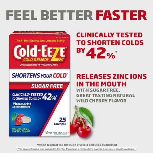 Cold-Eeze Sugar-Free, Natural Wild Cherry Zinc Lozenges, Shortens Duration of the Common Cold, Sore Throat, Cough, Congestion & Post Nasal Drip, 25 Ct, Pack of 2 in Saudi Arabia
