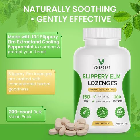 VELOTO Herbal Throat Lozenges with Slippery Elm, Soothing Support for Dry & Irritated Throat, Gentle Mint Flavor, Sugar Free, Daily Throat Care, 200 Count in Saudi Arabia
